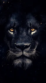 Midnight lion portrait with glowing amber eyes