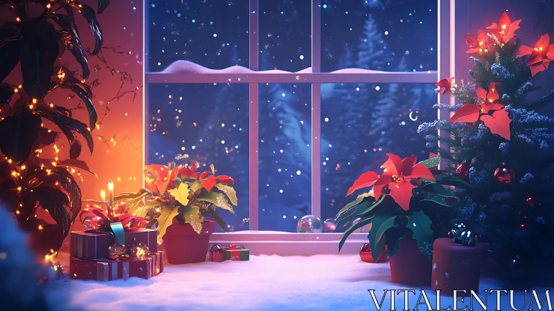 Festive window tableau with poinsettias, gifts and snowfall.