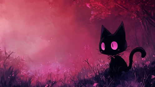 Black Cat with Glowing Magenta Eyes in Ethereal Pink Forest