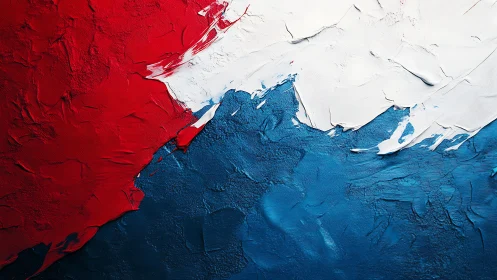 Abstract textured painting with red, white, and blue palette.