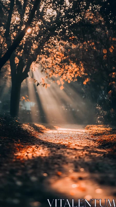 Cinematic forest pathway with autumn bokeh and shafted light.
