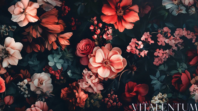 Dense floral arrangement with varied bloom types arranged against dark background.