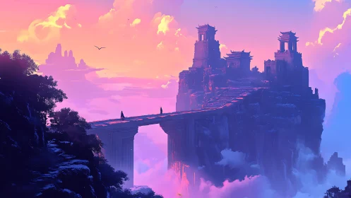 Sunset kingdoms drift above clouds while pilgrims cross