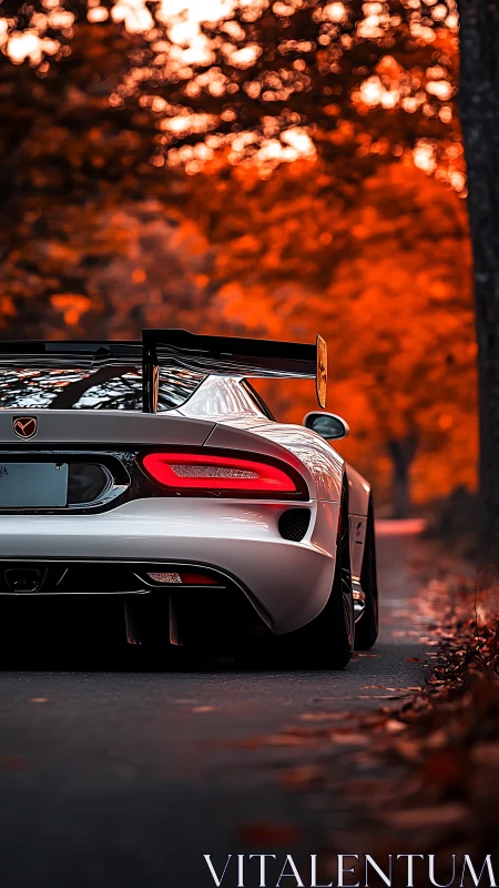 Low-angle telephoto view of track-modified supercar in autumn forest