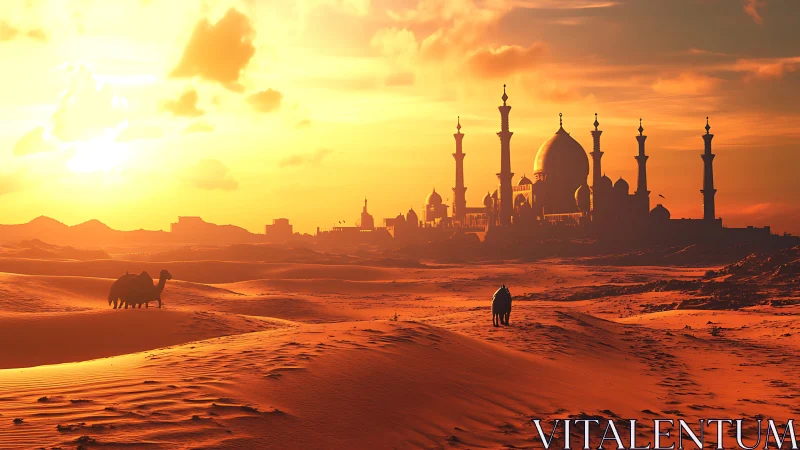 Desert caravan approaches domed mosque under intense sunset light