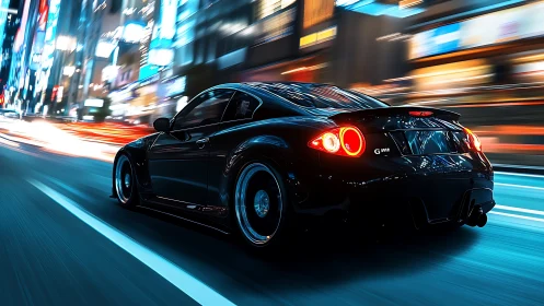 High-gloss tuner coupe accelerates through neon-lit city corridor