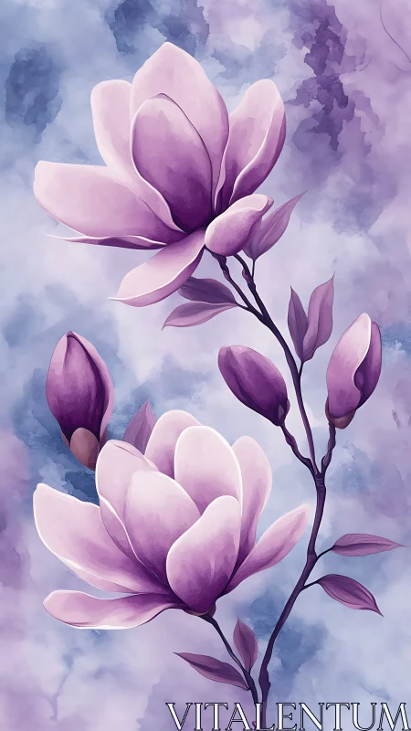Purple magnolia branch with blooming flowers against ethereal cloud backdrop