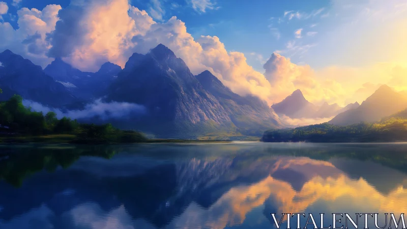 Sunlit mountain range mirrored on tranquil alpine lake.
