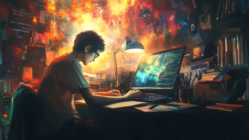 Night coder at workstation under nebula-like digital display