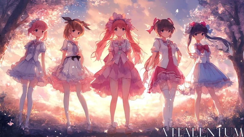 Sunlit friends share a gentle moment beneath cherry blossoms