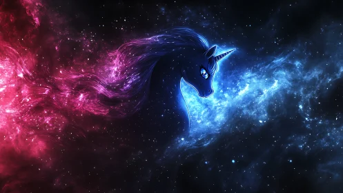 Starlit nebula unicorn drifting between crimson and blue.