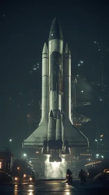 Nocturnal shuttle stack ignition amid urban launch gantries.
