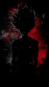 Silhouetted spiky-haired figure on red and black grunge field.