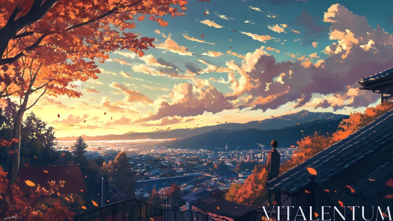 Teen on rooftop observes autumn cityscape at glowing sunset