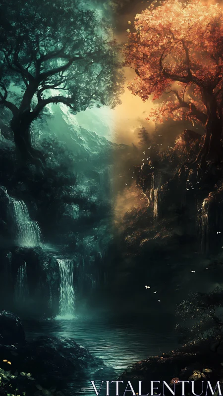 Dual enchanted forest divides light and shadow in harmony.