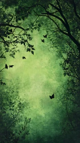 Forest Silhouettes with Butterflies in Luminous Green