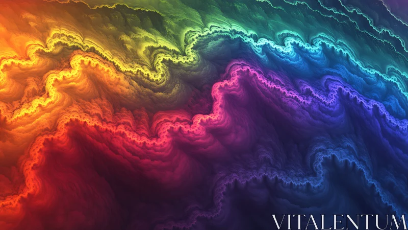 Radiant fractal waves cascade through a shifting rainbow spectrum.