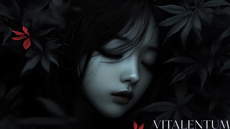 Pale sleeping girl sinks into dark leaves under red petals