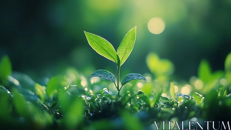 Young green sprout with dewdrops in soft morning light, nature macro.