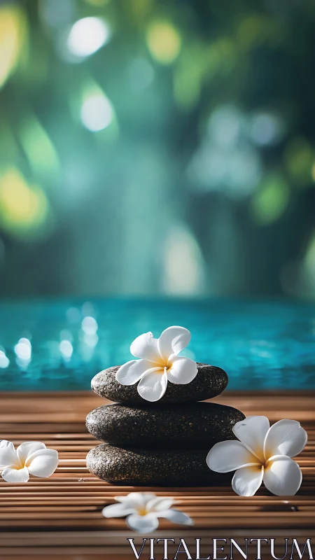 Spa stones and plumeria daydream beside turquoise waters.