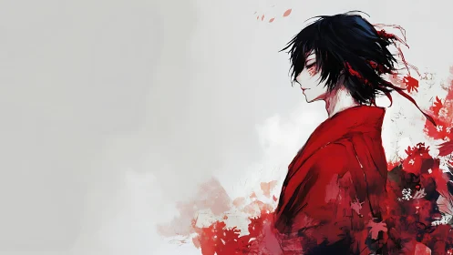 Solitary red-clad figure in abstract floral ink storm.