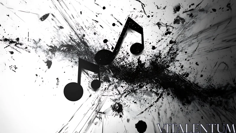 Black music notes over explosive ink splatter background.