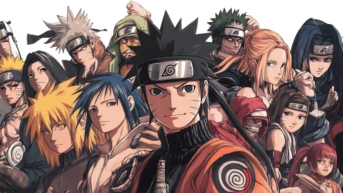 Multicharacter tactical lineup in stylized shinobi portraiture.