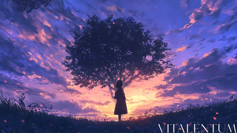 Silhouette stands under solitary tree against gradient sky