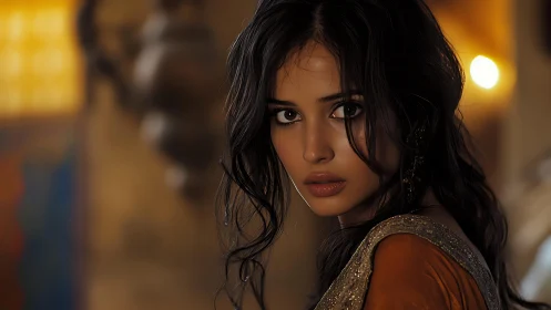 Photorealistic portrait of woman in warm cinematic light.