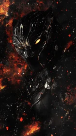 Armored feline-like figure emerges within fiery particle field