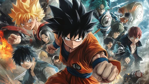 Group of anime fighters in dynamic forward combat pose.