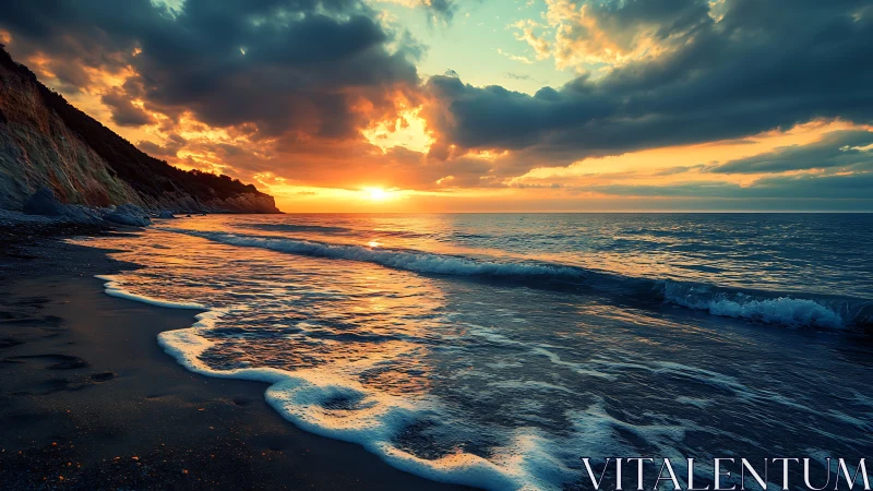 Coastal shoreline with waves and clouds at low sun angle.