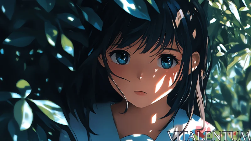 Anime portrait renders dappled light on girl amid dense foliage