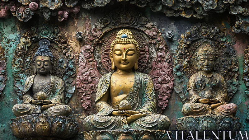 Weathered triptych of seated Buddha relief sculptures.