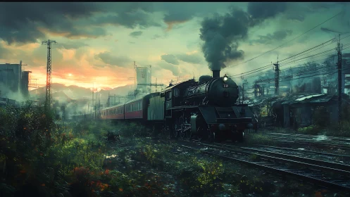 Steam locomotive at dusk in overgrown urban rail yard.
