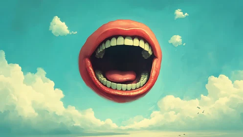 Playful floating mouth singing across a dreamy blue sky.