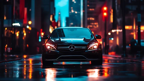 Black Mercedes sedan reflects neon city lights on wet street