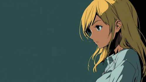 Melancholic blonde girl in profile against muted teal field