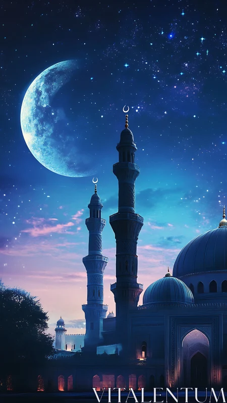Moonlit mosque skyline under deep indigo celestial sky.