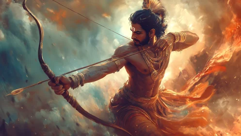 Digital painting of mythic archer in dynamic diagonal composition.