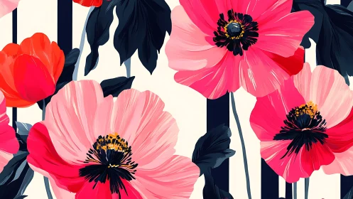 Pink and Magenta Cosmos Flowers with Black Stamens and Dark Foliage Elements