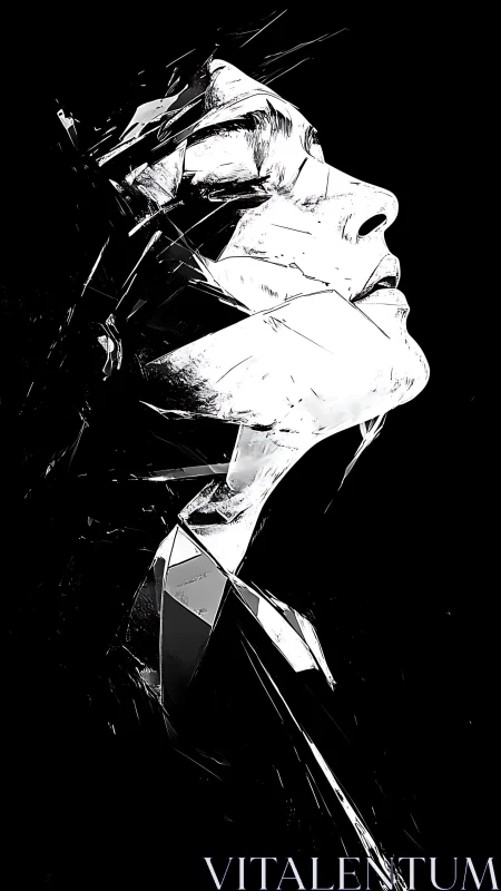 Fragmented monochrome portrait with angular shatter effects.