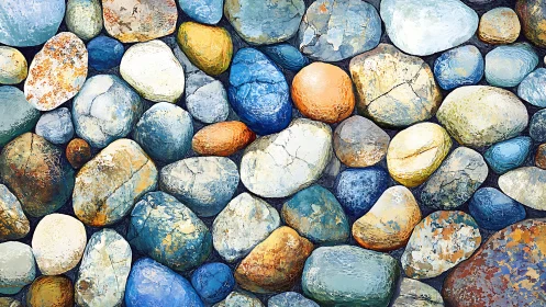 Colorful River Stones in Artistic Painting Style with Texture.