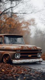 Lowered rusty Chevy pickup rests on wet autumn forest road