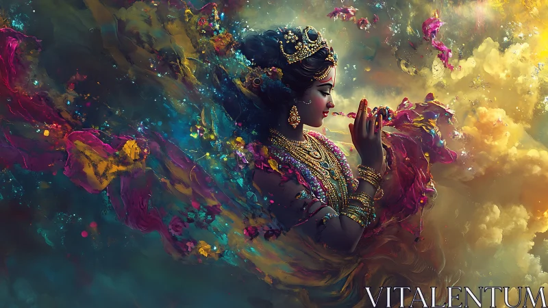 Divine woman in ornate dress amid swirling cosmic colors.
