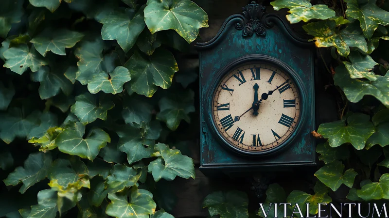 Oxidized garden clock encased in dense ivy foliage matrix.