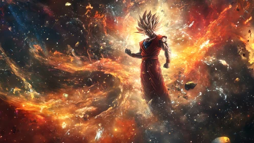 Celestial humanoid figure amid luminous cosmic debris.