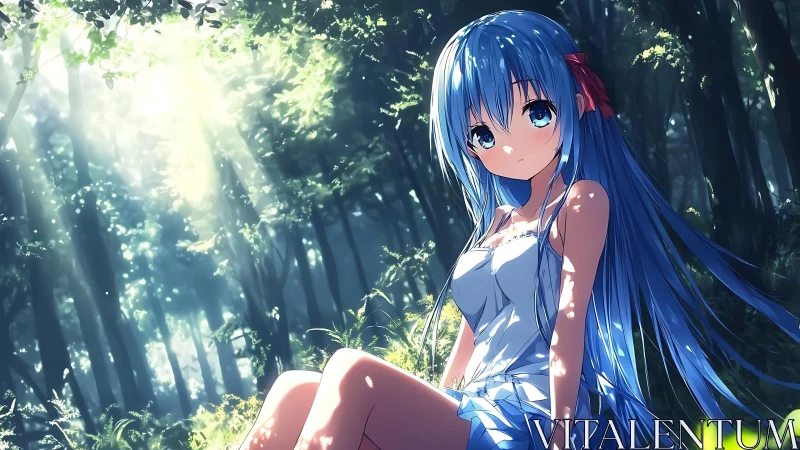 Gentle blue haired girl resting in sunlit forest hush.