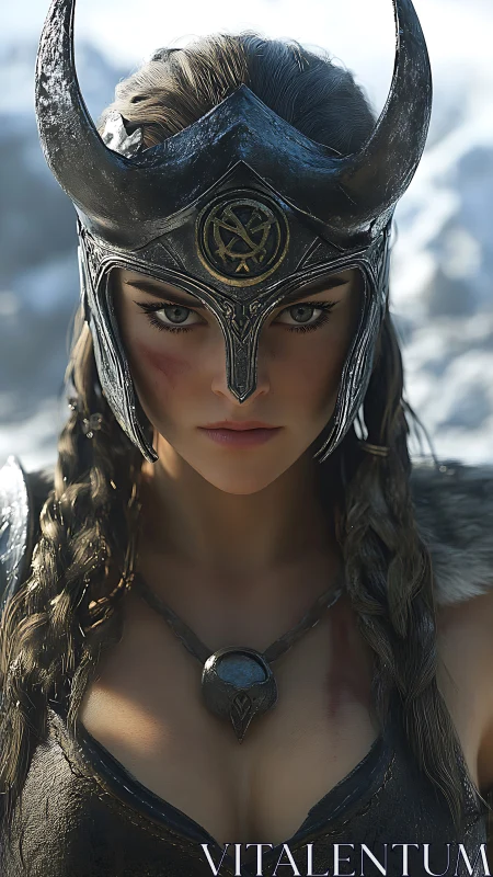 Fierce winter warrior gazes forward with quiet resolve.