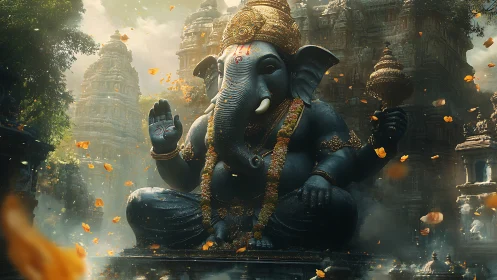 Majestic Ganesha statue amid ancient temple spires and petals.